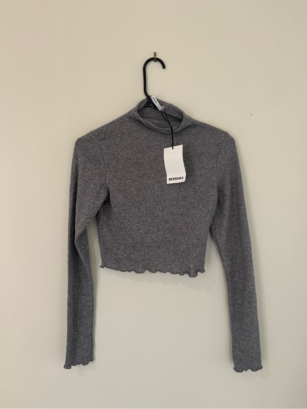 Bershka Charcoal Gray Ribbed Mock Neck Cropped Top